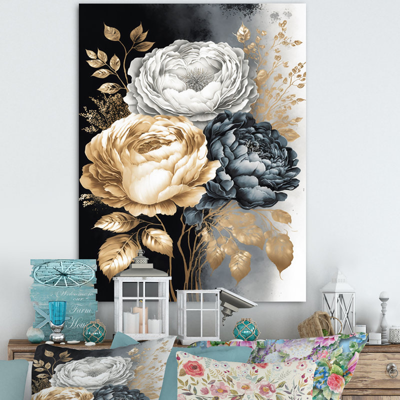 Blanc, or et noir, bouquet de roses I - Art mural rose, H 32 po x l 24 po x P 1 po, Toile tendue