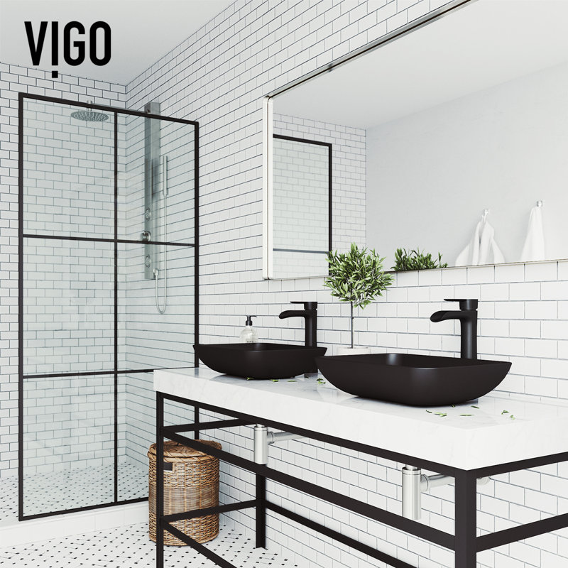 Lavabo de salle de bain vasque rectangulaire en verre avec robinet H 11 po Onyx, Noir mat, Coque noire matte