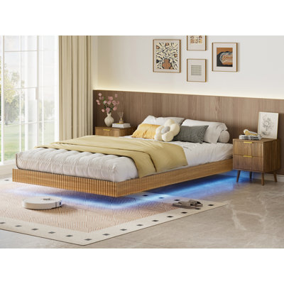 3-Piece Bedroom Set, King Size Fluted Floating Bed Frame & 2 Nightstands, No Headboard, No Box Spring Needed