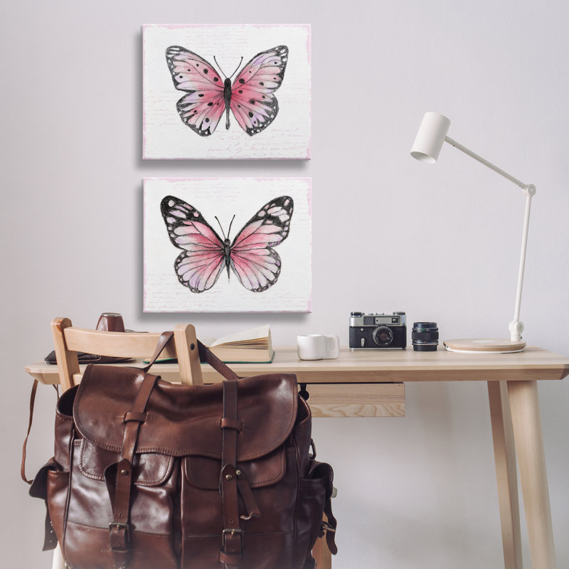 «Pink Butterflies with Vintage Cursive», ensemble d'art mural sur toile 2 pièces, design par Janet Tava, H 16 po x l 20 po