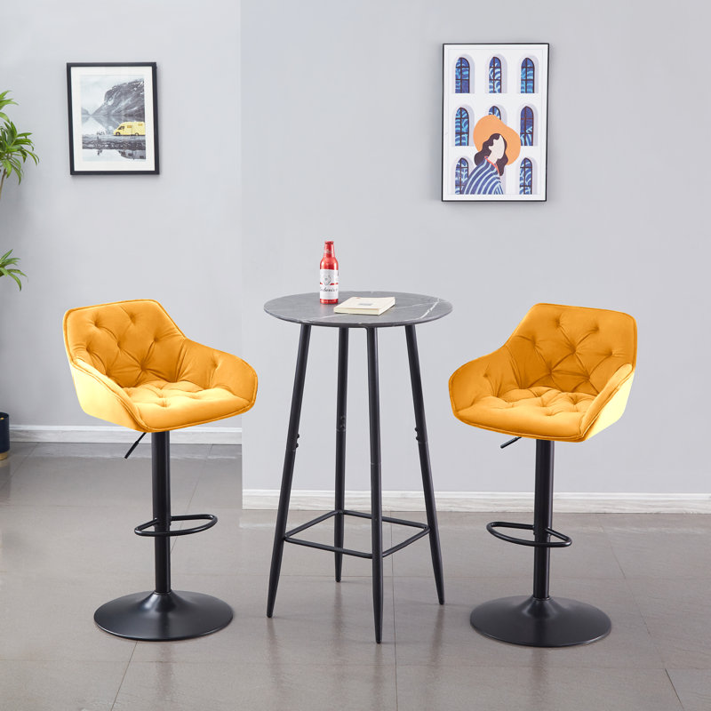 Kafka Velvet Upholstered Adjustable Swivel Bar Stools, Yellow