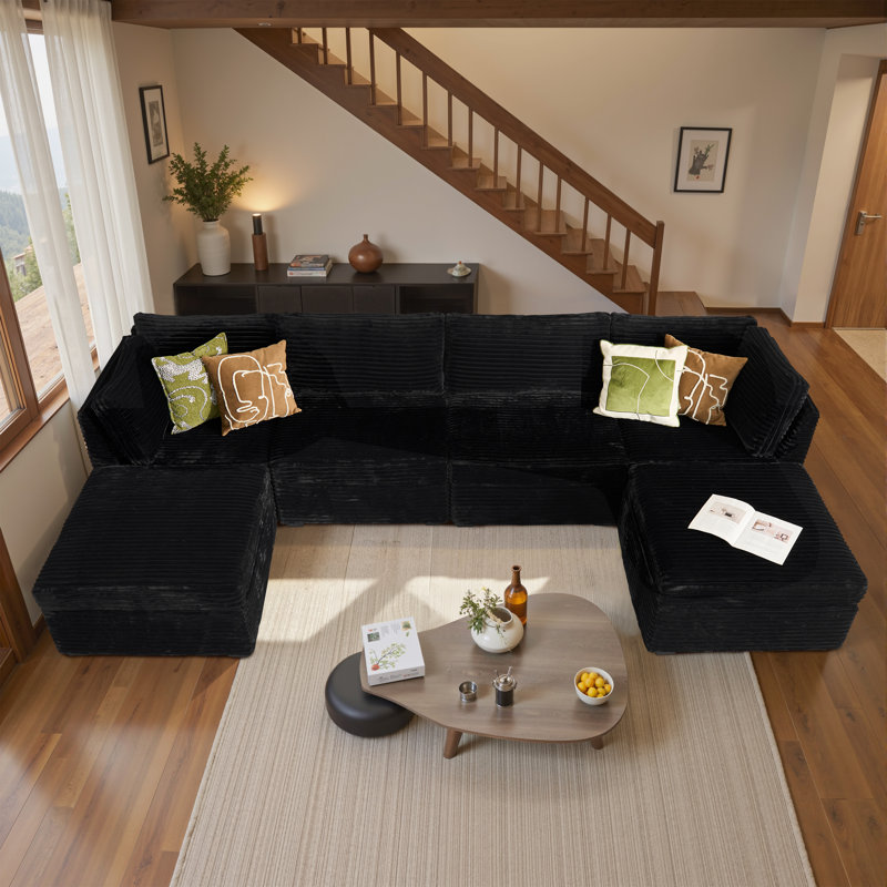 6-piece Modular U-shaped Sectional Plush Corduroy Sofa With Movable Ottoman, Comfy Deep Seat Cloud Couch, Upholstered Living Room Set
