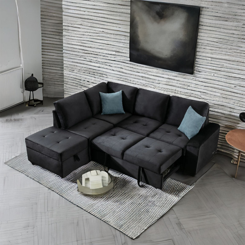 Velvet L-Shaped Sectional Left Hand Facing, Black Velvet