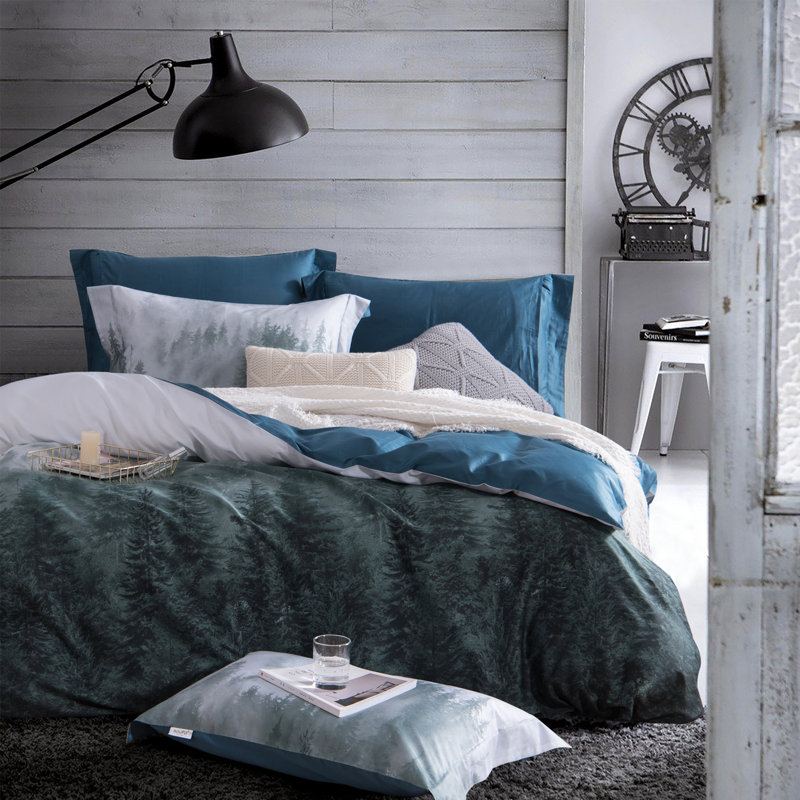 Nerissa Luxury 100% Long Staple Cotton Mountain Duvet Cover – Blue Green Gradient Forest Print, OEKO-TEX Certified, Silky Sateen Weave for Dreamy Comfort