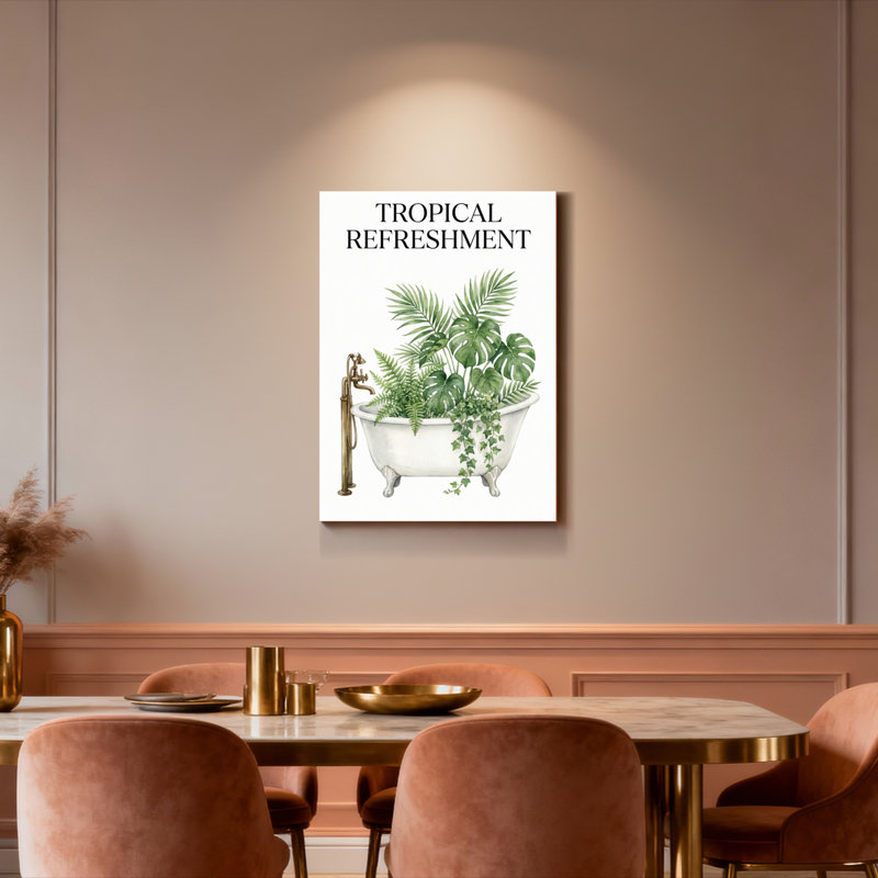 Tableau sur toile représentant des plantes tropicales dans une baignoire, idéal pour la décoration de la salle de bain et du salon.