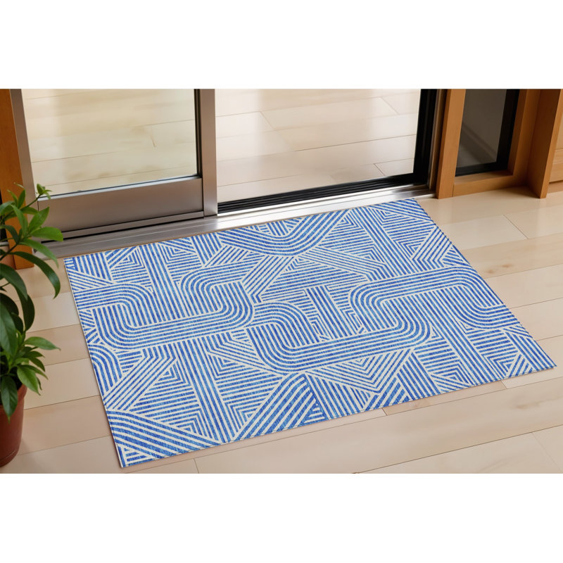 3' X 5' Blue Abstract Washable Indoor Outdoor Area Rug