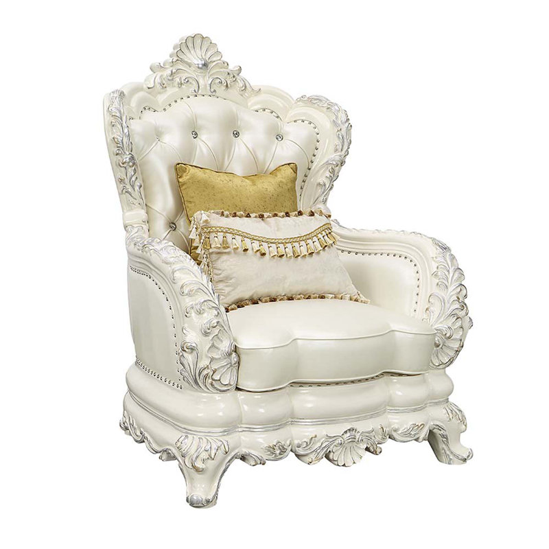 Adara Antique White Faux Leather Floral Accent Chair