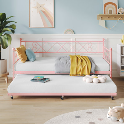 Lit de jour simple en métal avec lit gigogne en forme de cœur avec support pour lattes en acier robuste - structure de canapé-lit convertible pour le salon, la chambre à coucher, la chambre d'amis - Assemblage facile - rose, ensemble de taille simple