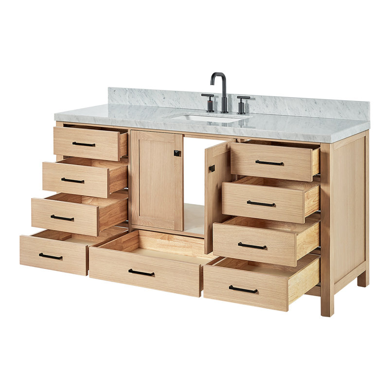 Meuble-lavabo sur pied simple 67 po avec plateau en marbre Cambridge, Chêne, Rectangular
