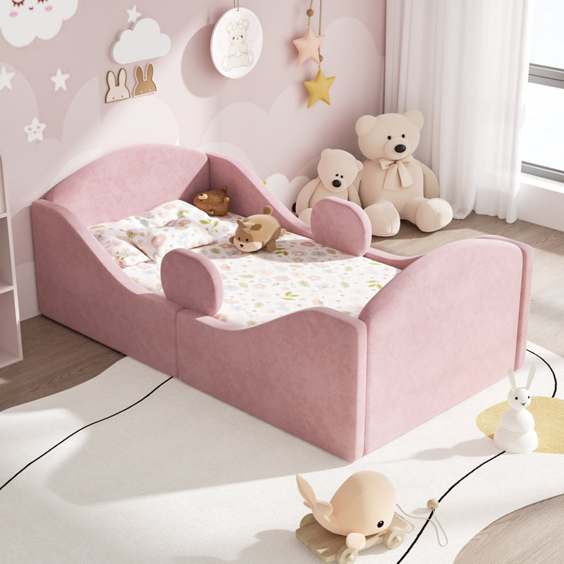 Toddler Bed, Certified Toddler Floor Bed With Removable Safety Rails, Standard Crib Size Ultra Soft Upholstered Kids Transition Bed For Girl Boy (mattress Not Include)
