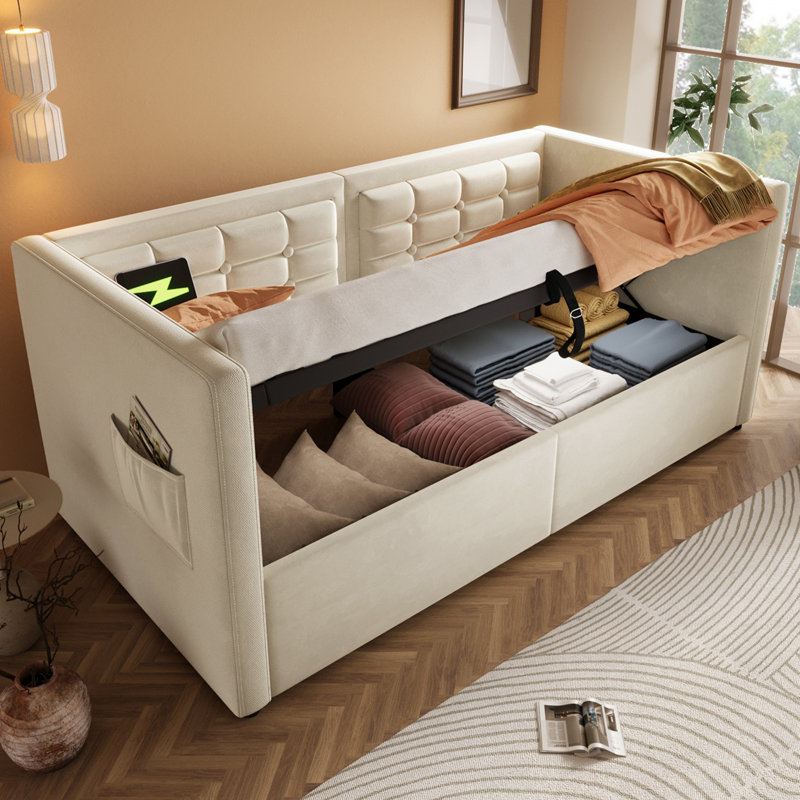 Cadre de lit simple avec rangement hydraulique USB et charge de type C, Beige