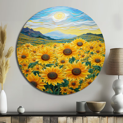 Vangogh Style Sunflowers Mountains - Floral Round Metal Wall Art
