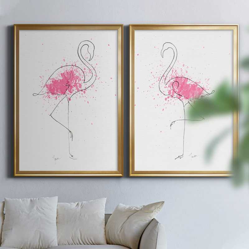 Flamingo Splash I - ensemble de 2 reproductions d'art, H 22,5 po x l 61 po x P 1,5 po, Toile encadrée dorée, Pas de tapis