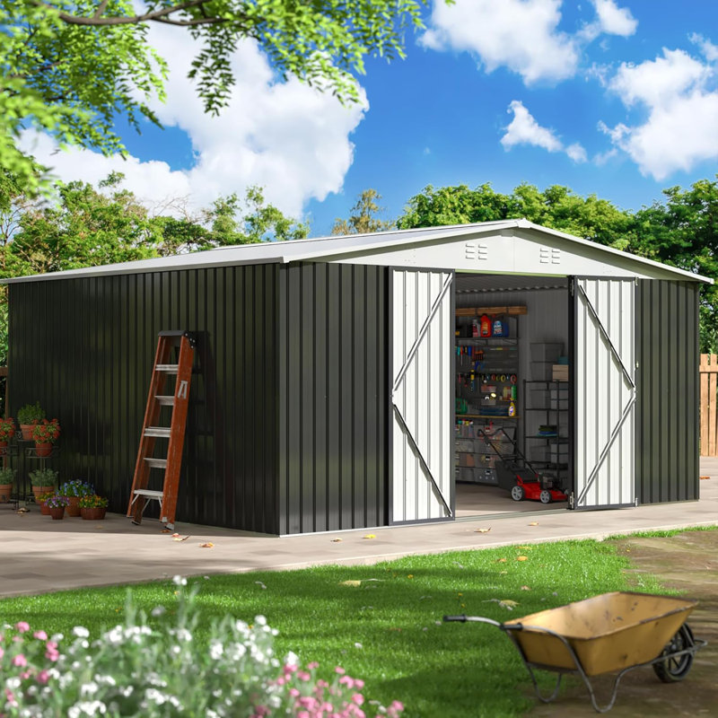 14 ft. W x 12 ft. D Outdoor Metal Shed Storage with Updated Frame Structure and Lockable Doors