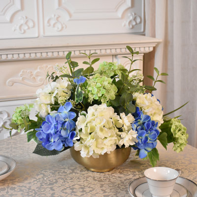 Green, Cream and Blue Silk Floral Centerpiece
