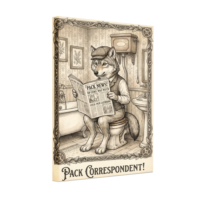 Bath & Laundry Wolf lisant le journal sur la toilette, H 30 po x l 20 po