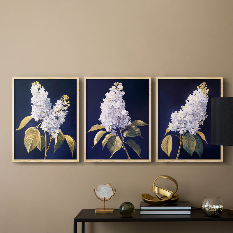 Étude florale série LX III - ensemble de 3 estampes numériques encadrées - prêt à être accroché, Encadré naturel