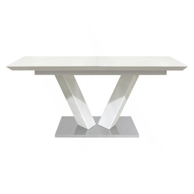 Sleek Contemporary Style Dining Table White High Gloss Finish Tabletop Self-Storing Extension Leaf V-Shaped Support Chrome Base Plate Dining Room Furniture 1Pc