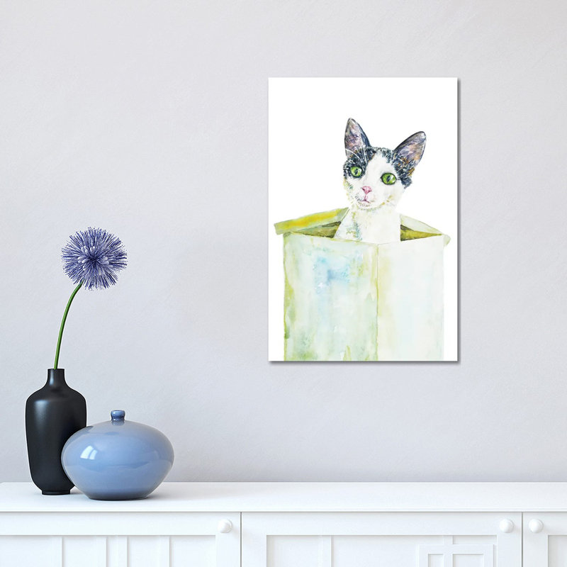 Drôle de chat dans la boîte par Alexey Dmitetchich Shmyrov - peinture sur toile tendue, H 18 po x l 12 po x 1,5 po