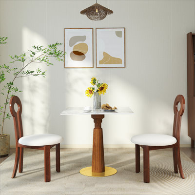 Modern Square Dining Table, 33.5" Sintered Stone Table with Wooden Leg & Gold Base, 2 - Person Kitchen Table for Small Space, 150lbs Weight Capacity