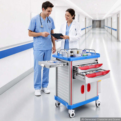 Chariot médical avec armoire intégrée, charge maximale de 110 kg (242,51 lb), pour hôpitaux, cliniques et laboratoires. Support stable, 2 tiroirs, roulettes silencieuses pivotantes à 360° avec freins.