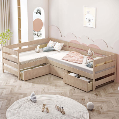 Lit plateforme en L avec 3 tiroirs de rangement