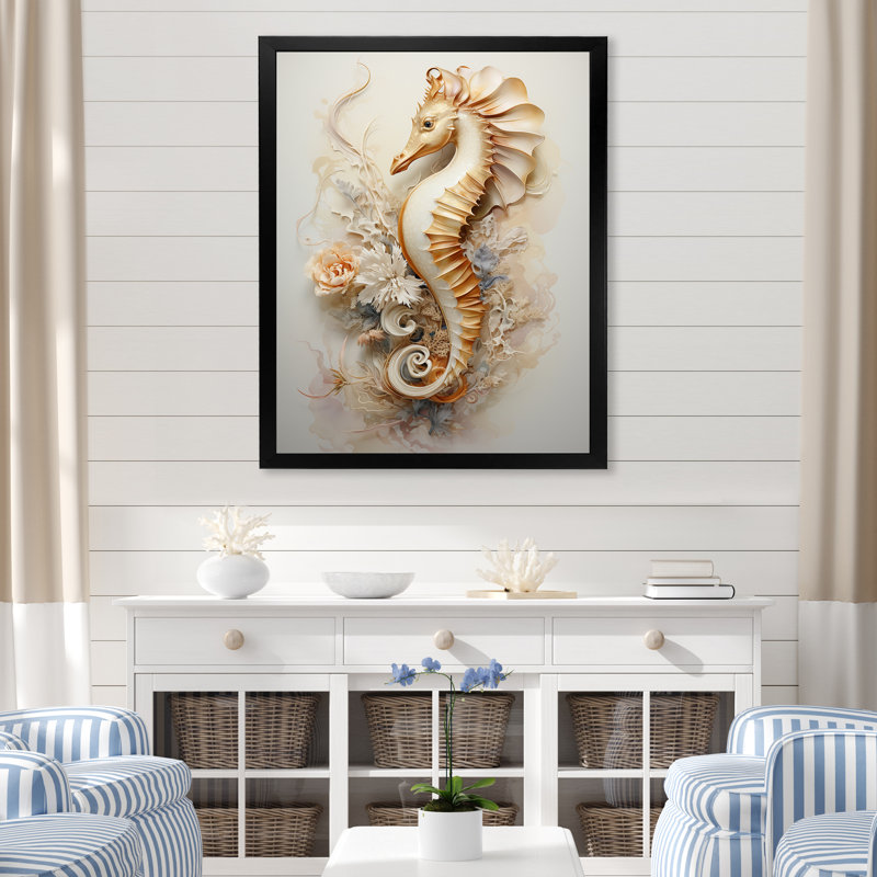 Hippocampe magique beige sur toile, H 44 po x l 34 po x P 1,5 po, Cadre simple noir