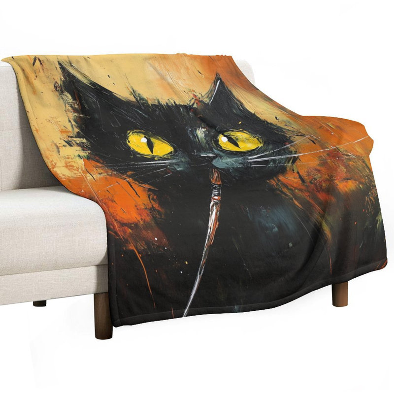 Chat noir tenant un jeté en flanelle de luxe fond Paintbrush, 50 x 60 po