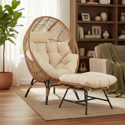 Cozy Bohemian-Style Oversized Rattan Bird's Nest Chair, Beige Egg-Shaped Design With Footstool Cushion, Suitable For Indoor And Outdoor Leisure Seating, Balcony And Terrace Use, Weight Capacity 440 Lbs.
