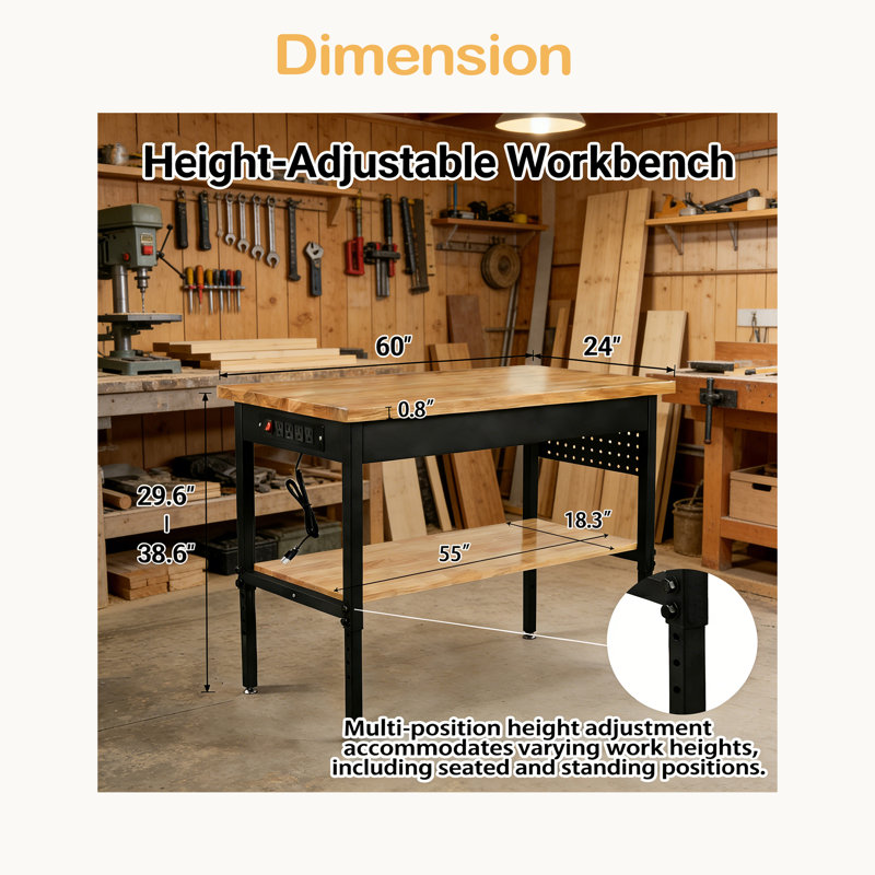 Établi réglable 60 po x 24 po à double couche avec prise de courant, capacité de charge de 2 500 lb, table de travail en bois franc massif, hauteur réglable à 6 niveaux, avec roues pour le garage, banc d'atelier