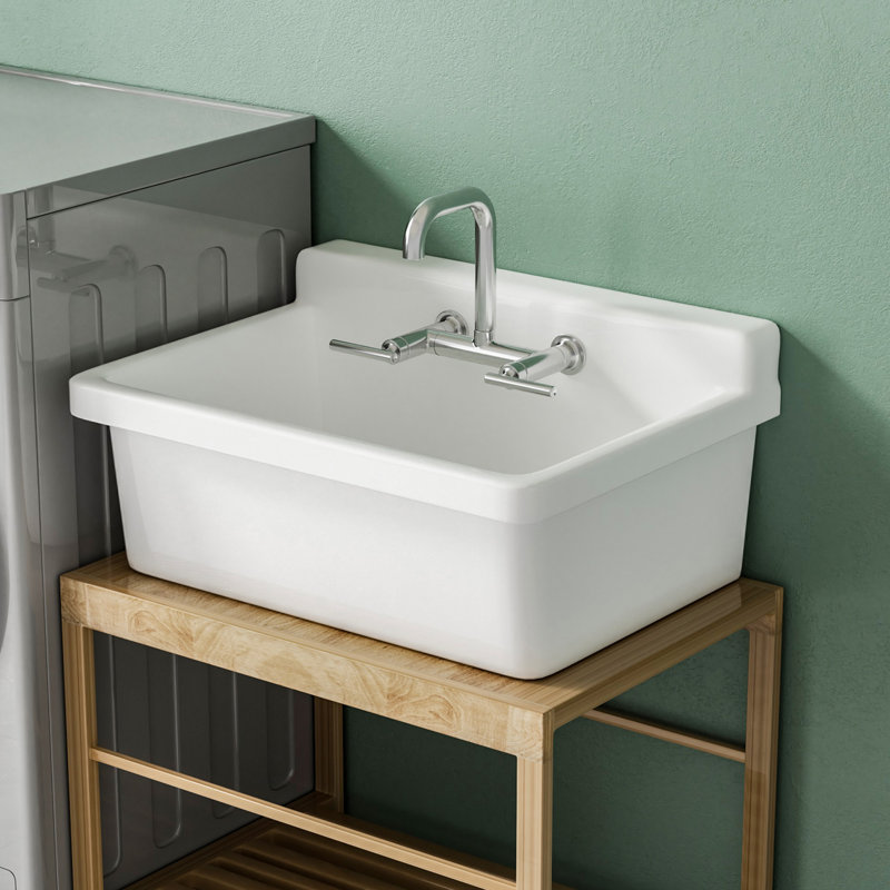 Uvbor 24" W x 20" D High Back Wall Mount Utility Sink White Fireclay with 2 Faucet Hole