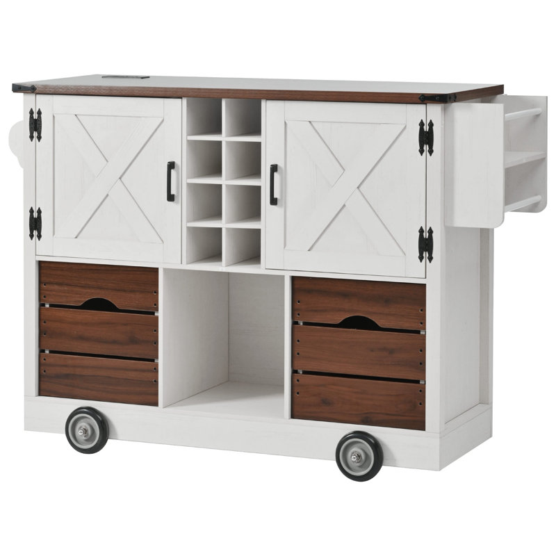 54" Farmhouse Kitchen Island With Drop Leaf, Power Outlet, Kitchen Storage Cart With 2 Doors, 2 Drawers, Rolling Kitchen Island On 4 Large Wheels With Spice Rack For Kitchen, Dining Room, White