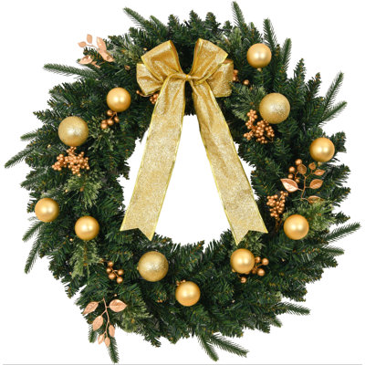 Couronne de Noël verte en PVC de 61 cm (24 pouces) avec nœud, décorations dorées et pommes de pin (fonctionne sur piles)