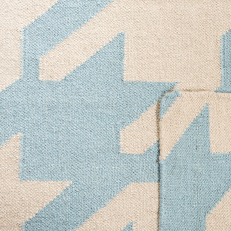 Tapis bleu clair / ivoire en laine tissé à la main et à pied-de-poule Mccall, Carré 6 pi