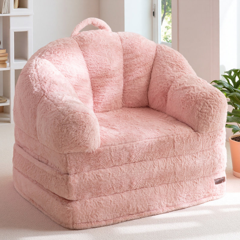 2 In 1 Convertible Pink Faux Fur Bean Bag Sofa Chair, Pink Faux Fur