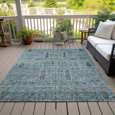 Machine Washable Indoor/Outdoor Xhevrie Teal Rug