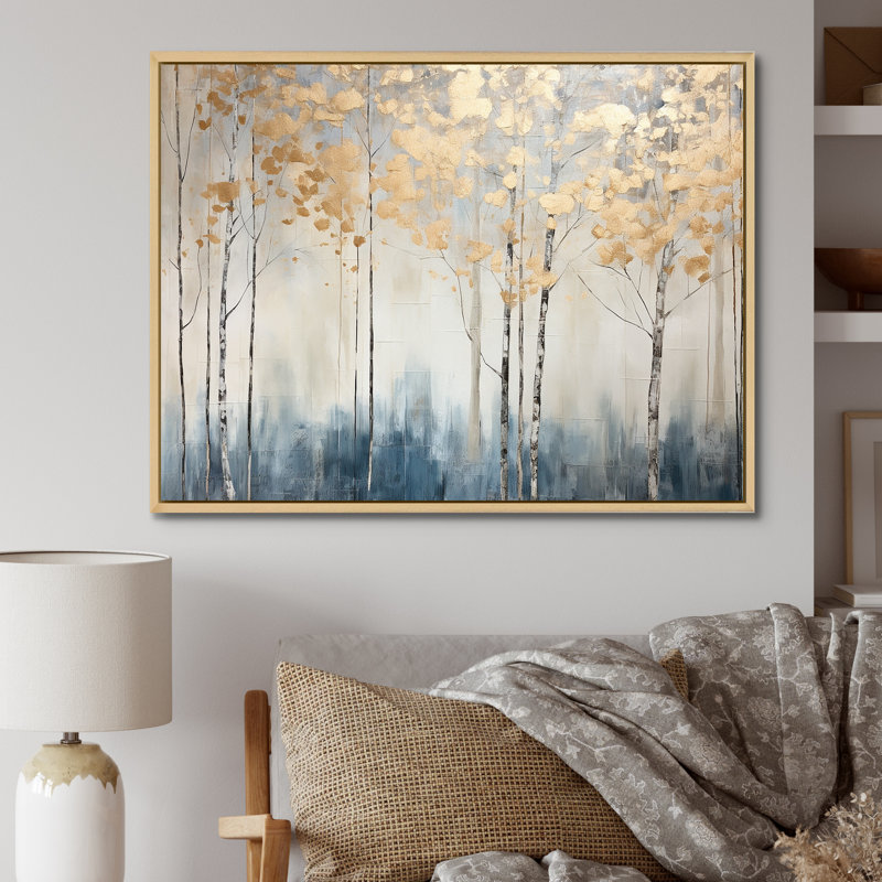 Minimalisme bleu et forêt dorée II - forêt, art mural, Cadre naturel flottant, H 24 po x l 32 po x P 1 po