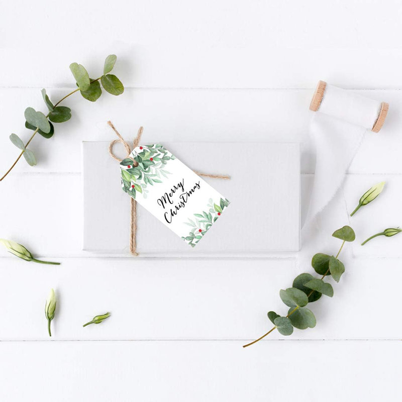  Paquet de 60 étiquettes de cadeau de Noël «Merry Christmas Watercolor Holly Leaves»