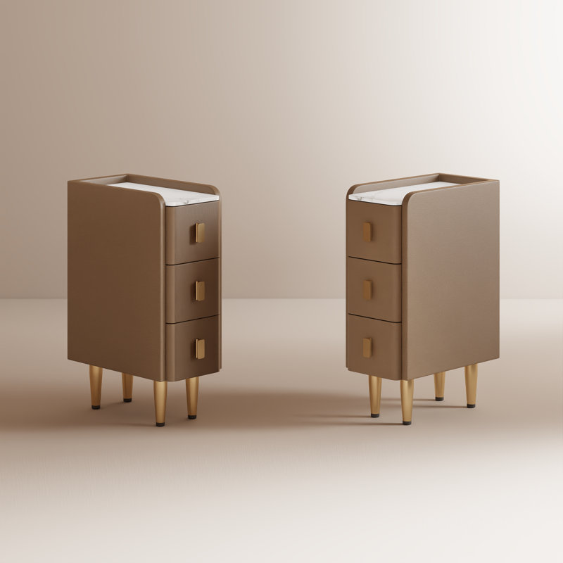 Set of 2 Narrow Solid Wood Core Nightstands with Upholstered Surface & Sintered Stone Top, Khaki