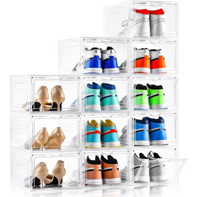 Rangement à chaussures transparent extra large avec portes avant rabattables, boîtes à chaussures empilables pour baskets, bottes et talons, présentoir à chaussures gain de place