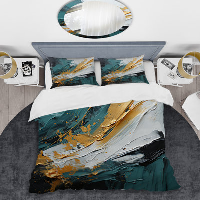 Ensemble de housse de couette à peinture abstraite dorée et verte et marbre blanc VI