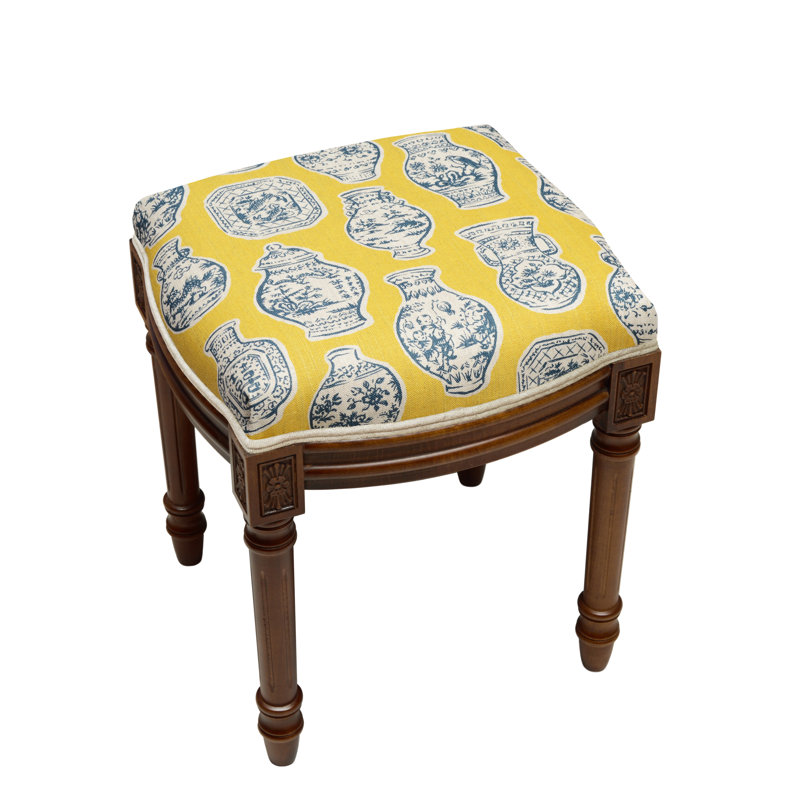 Tabouret de coiffeuse en lin bleu et jaune Jinger Jars, Noyers, Bleu / jaune