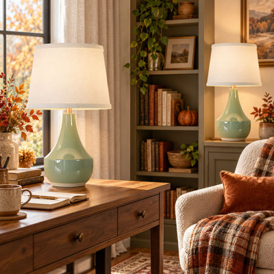 18" Ceramic Table Lamp Set of 2 with Fabric Shades, Sage Green