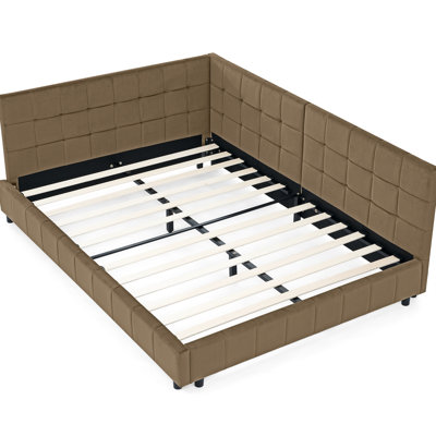 Mid-Century Full Size Bed Frame, Upholstered In Velvet With Armrest And , For Bedroom Living Room, Fashionable, Brown Soft Upholstery ,