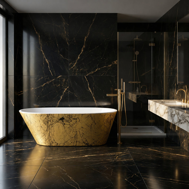 Sophia 67.7'' x 29.5'' Soaking Acrylic Bathtub, Gold/White/Black
