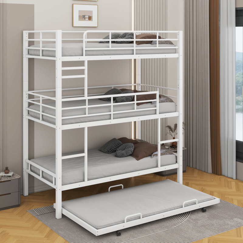 Twin Size Metal Triple Bunk Bed With Trundle, White