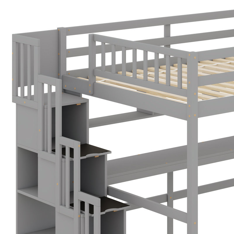 Lit mezzanine avec bureau, tablettes de rangement et escalier