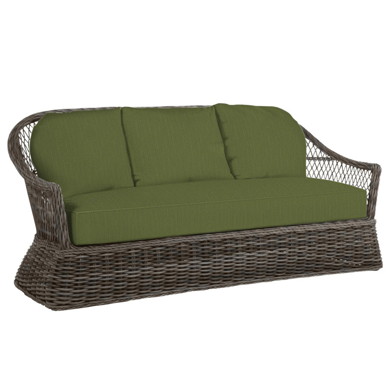 Soho 81.75" Wide Outdoor Wicker Patio Sofa with Cushions, Black, Welt, Linen Forest