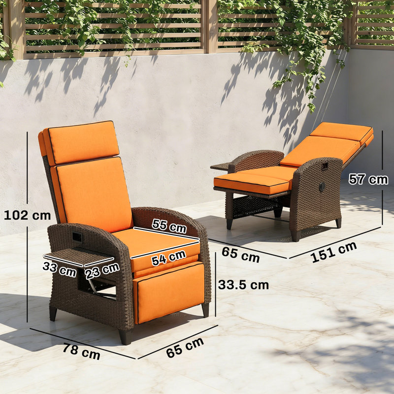 Outsunny Rattan Garden Recliner Chair with Cushion Footrest Orange