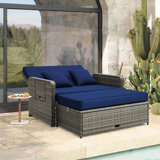 Wicker Loveseat Sofa Set Patio Rattan Daybed With Ottoman & Retractable Side Tray